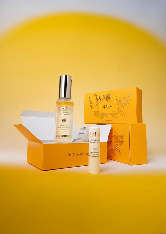 d'alba Piedmont White Truffle Vegan Gift Set, First Aromatic Spray Serum and Nourishing Lip Balm 35g โ Deep Hydration & Antioxidant Care, Vegan Facial Mist & Lip Treatment Duo, Hypoallergenic