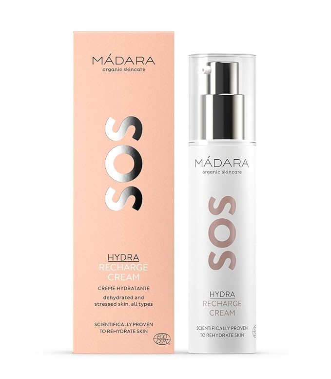 MรDARA Organic Skincare | SOS Hydra Recharge Cream โ 50ml, Intensely hydrating moisturiser with hyaluronic acid and linseed, Dermatologically proven face cream for dry skin, Organic certified