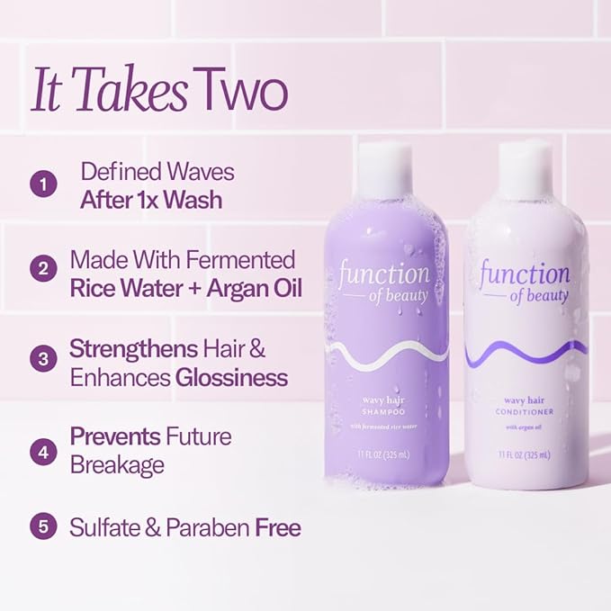 Function of Beauty Wavy Hair Shampoo & Conditioner Set, 11 oz Each - With Fermented Rice Water to Strengthen & Argan Oil to Enhance Glossiness & Natural Shine, Sulfate-Free, Customizable Haircare