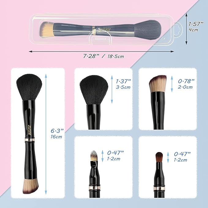 Jilier Travel Makeup Brushes with Case, 4 in 1 Makeup Brush Set, Powder Brush, Foundation/Blush Brush, Eyeshadow Brush, Concealer Brush, Double Ended Makeup Brush Ideal for Liquid, Cream, Powder