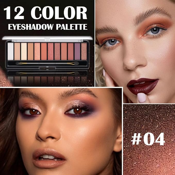 12 Colors Warm Eyeshadow Palette โ Matte, Shimmer & Glitter Copper Coral Tones โ Rose Gold, Champagne, Bronze & Terracotta Shades โ High Pigment, Long-Lasting Eye Makeup for Women โ 04#
