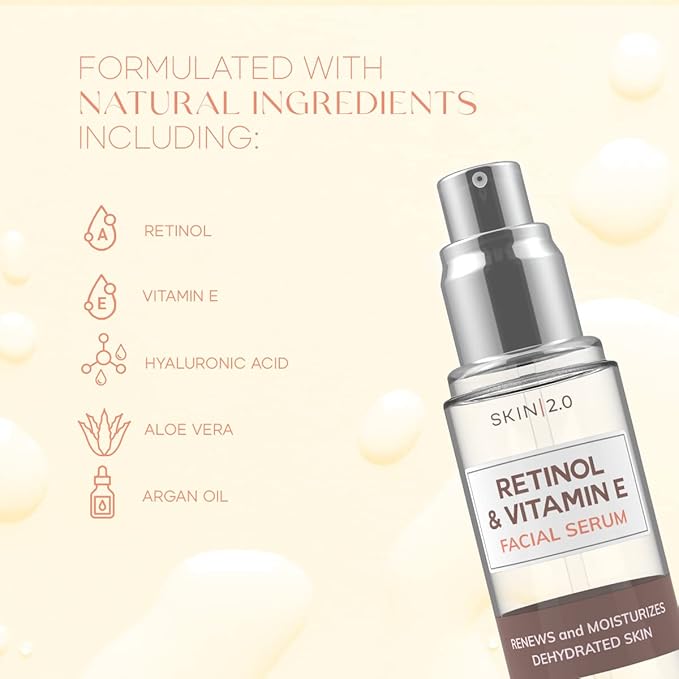 Retinol & Vitamin E Face Serum - 1.69 Fl. oz, Cruelty-Free, Reduces Acne Scars, Wrinkles, Anti-Aging, Skin Renewal, Hydrating, Korean Beauty