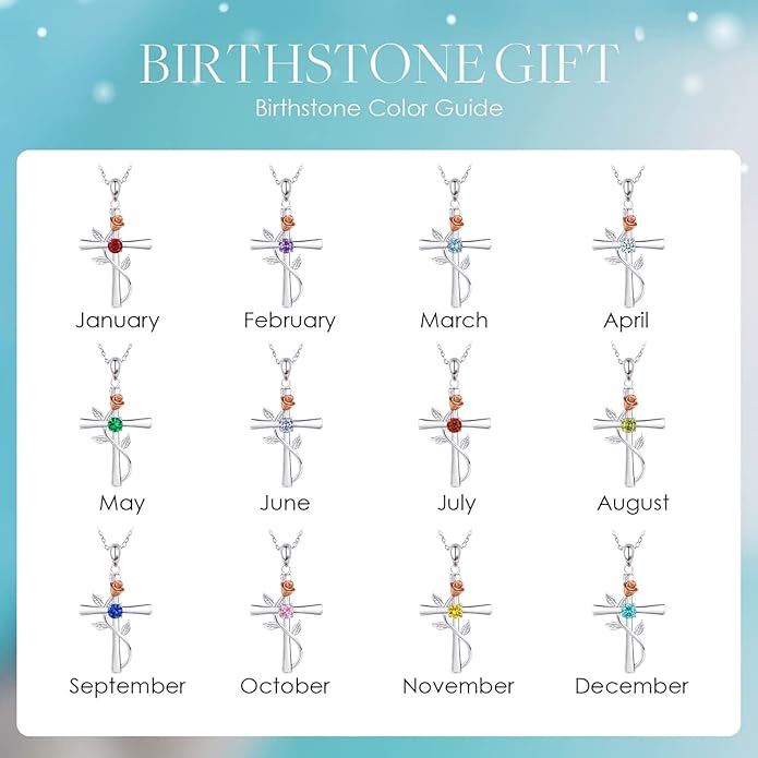 Cross Necklace for Women, 925 Sterling Silver Birthstone Necklace for Women with Rose Flower Birthstone Womens Jewelry Birthday Gifts for Wife Women