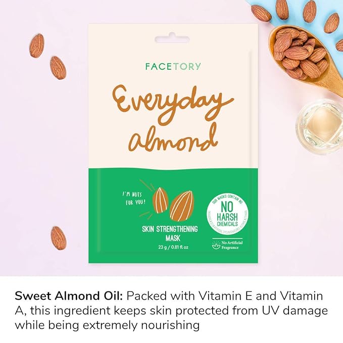 FACETORY K Beauty Face Mask Skin Care - Everyday ALMOND Skin Strengthening Sheet Mask | Plant-Based with Sweet Almond Oil (5 Pack)