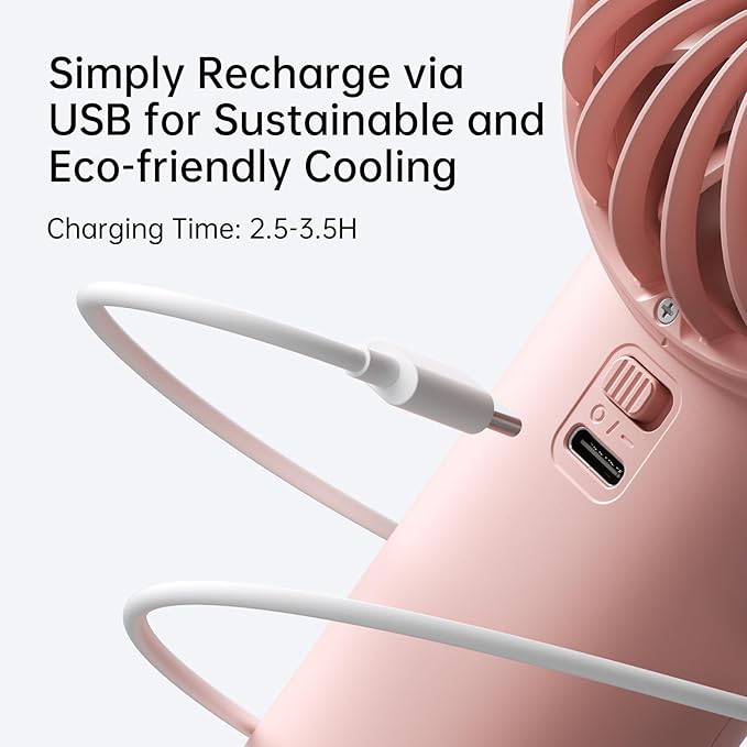JISULIFE Handheld Portable Fan with Powerful Motor,LED Display,3600mAh Battery,5 Wind Speeds,Lanyard; Summer Essentials USB Rechargeable Hand held Fan for Travel,Beach,Makeup,Concerts-Pink