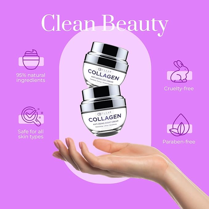 Clear Beauty Collagen Day/Night Moisturizer Set - Dermatologist Tested, Reduces Blemishes, Wrinkles & Fine Lines, Hydrating, Anti-Aging, Cruelty-Free Korean Skin Care, All Skin Types