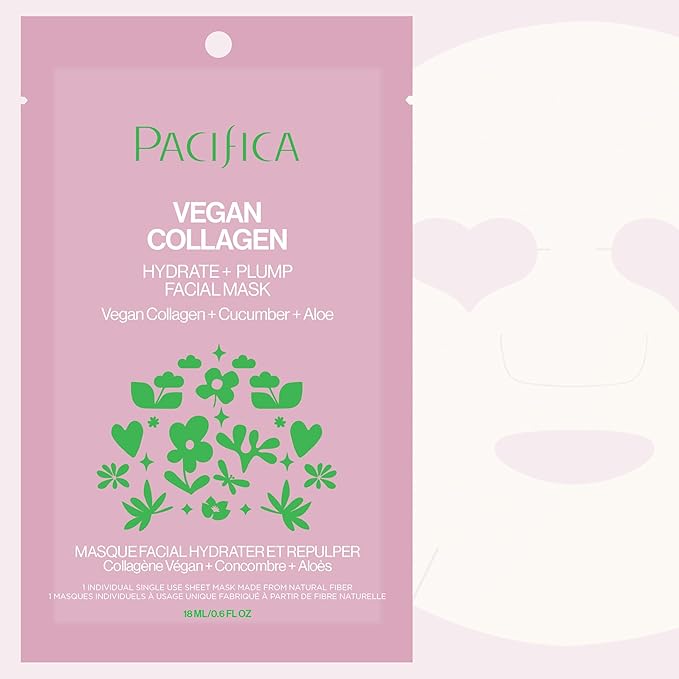 Pacifica Sheet Face Mask - Vegan Collagen Hydrate & Plump with Cucumber & Aloe – Moisturizing Mask for Dry & Aging Skin - Clean Beauty Vegan & Cruelty-Free Dermatologist Tested