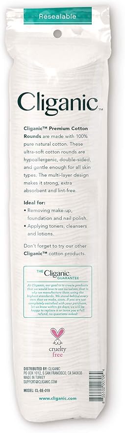 Cliganic Premium Cotton Rounds for Face (Bulk 1200 Count) Makeup Remover Pads, Hypoallergenic, Lint-Free | 100% Pure Cotton