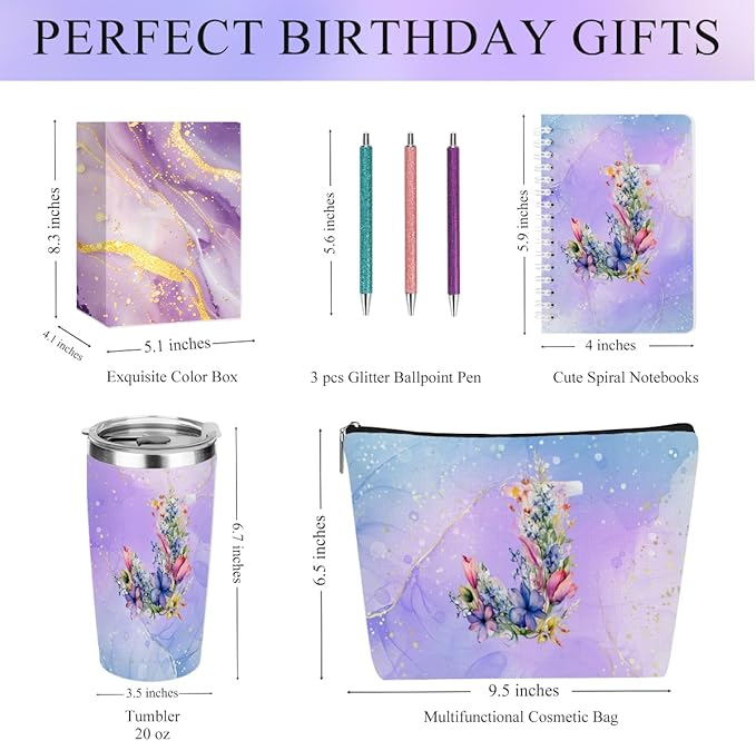 Personalized Gifts Monogrammed Birthday Gifts for Women, Maid of Honor Bachelorette Wedding Christmas Initial 20 oz Tumbler, Makeup Bag Cup Pens Journal Notebook 6 Set, (Aesthetic Purple Flower J)