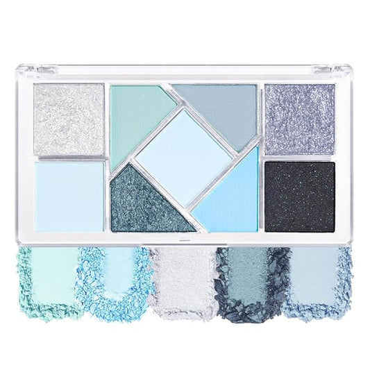 Matte Blue Shimmer Eye Shadow Palette Makeup,Eyeshadow Long Lasting Waterproof Cruelty-Free, 9 Blendable Shades in Smooth Matte and Shimmer Finishes with Gorgeous Pearls for Woman