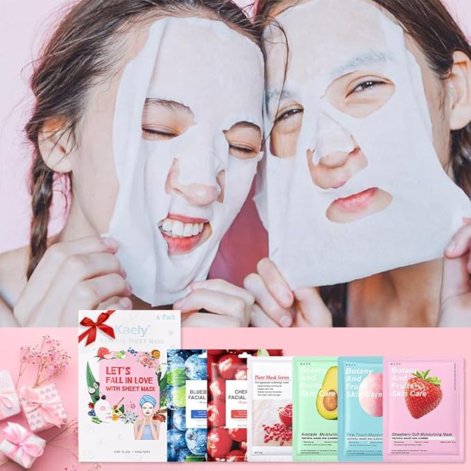 6 PCS Real Nature Hydrating Strawberry Cherry Peach Face Mask skincare, Hyaluronic Acid, Vitamin C and E, Chamomile, Korean Beauty Essence Facial Paper Sheet Mask for Skin Care Moisturizing