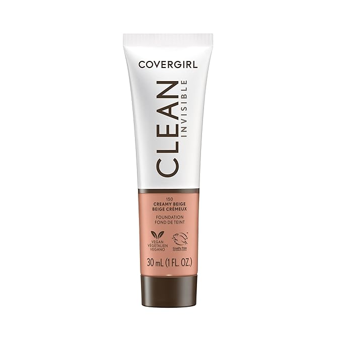 COVERGIRL Clean Invisible Foundation Makeup, Dewy & Glowy Natural Finish, Buildable Coverage, Skin-Like Smooth Look, Vegan, Creamy Beige, 1oz
