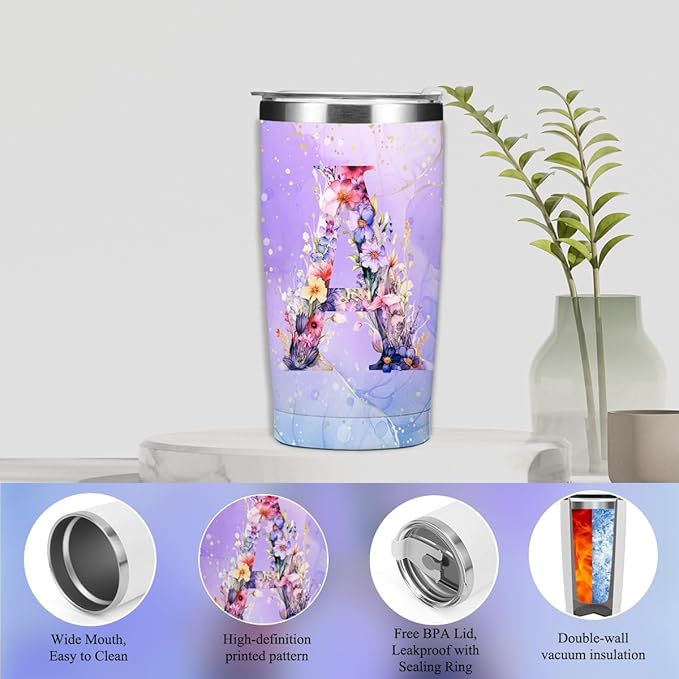 Personalized Gifts Monogrammed Birthday Gifts for Women, Bridesmaid Bachelorette Party Wedding Christmas Initial 20 oz Tumbler, Makeup Bag Pens Journal Notebook 6 Set, (Aesthetic Purple Flower A)