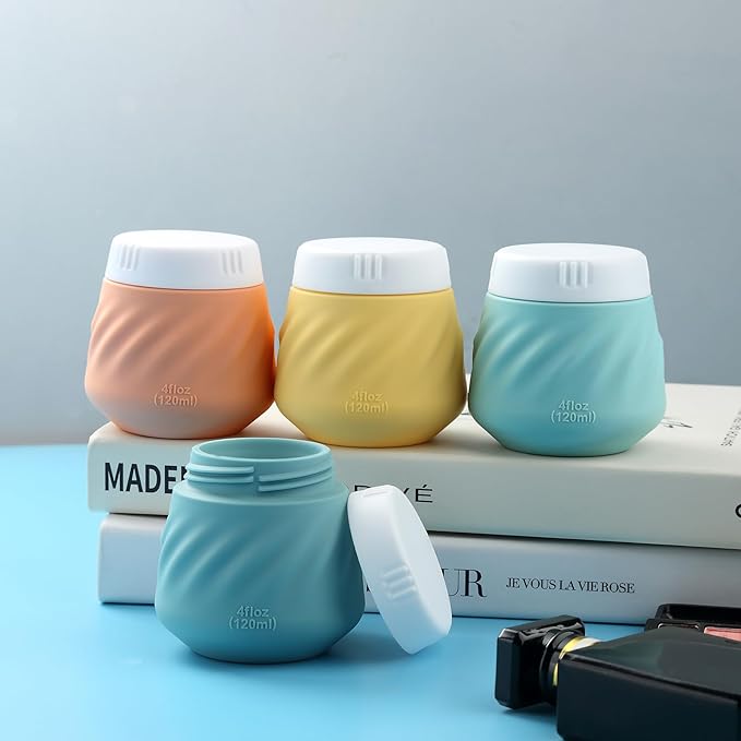 Gemice 4 OZ Travel Size Containers for Toiletries, 4-Pack Leak-Proof Silicone Slime Jars with Lids, BPA Free Small Round Cosmetic Slime Container for Lotion, Cream, Ointments, Travel Essentials