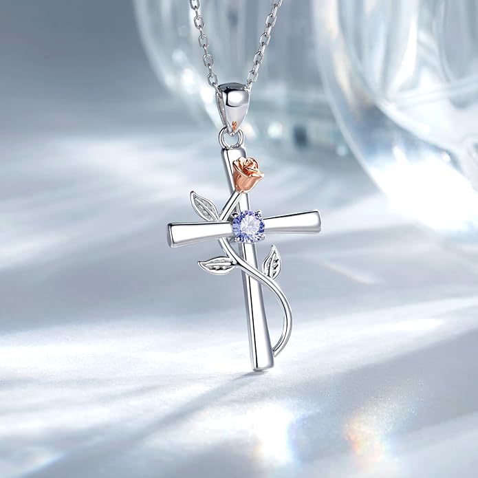 Cross Necklace for Women, 925 Sterling Silver Birthstone Necklace for Women with Rose Flower Birthstone Womens Jewelry Birthday Gifts for Wife Women