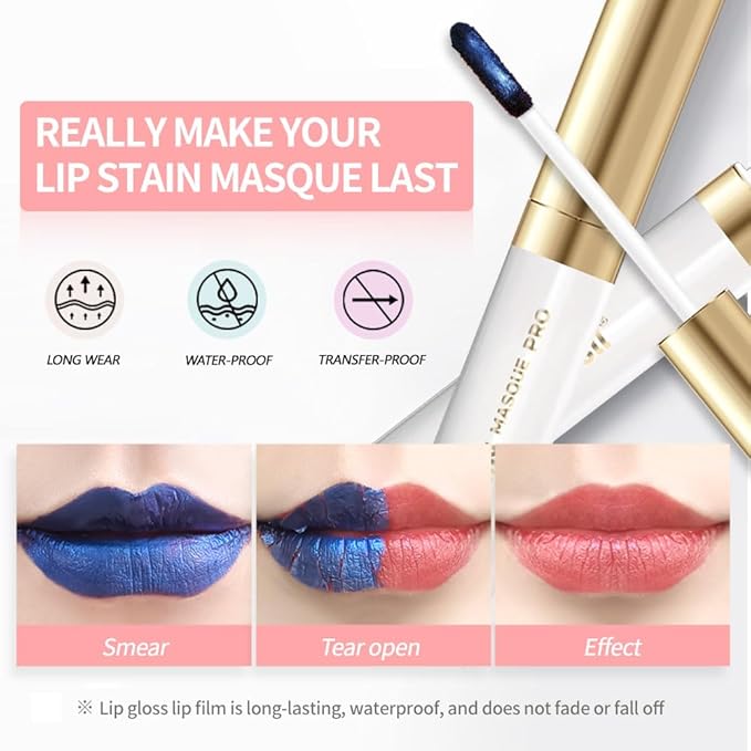 2Pcs Matte Lip Stain Wipe Off Masque - Peel Off Lip Stain Tattoo, All Day Peel Off Lip Tint,Long Lasting Lip Mask,Waterproof Transfer-proof Lip Liner Peel Off Lip Gloss,Stay Lip Makeup 01+04