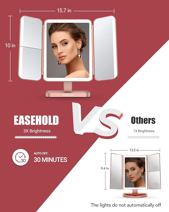 EASEHOLD Rechargeable Vanity Mirror with Lights, 116 LEDs Make up Mirror, 3-Color Lighted Makeup Mirror, 2X/3X/10X Magnification, 5000 mAh, Touch Sensor, Light up Mirror, Gifts for Women