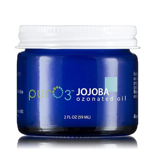 PurO3 Ozonated Jojoba Oil – Pure, Natural, Organic Skincare for Face & Body – Oxygenated Healing Lotion, Moisturizer & Beauty Cream in a Glass Jar – O3 Therapy Salve, 2 oz