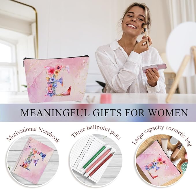 Personalized Gifts Monogrammed Birthday Gifts for Women, Aunt Grandma Retirement Christmas Initial 20 oz Tumbler, Makeup Bag Cup Ballpoint Pens Journal Notebook 6 Set, (Aesthetic Pink Flower F)