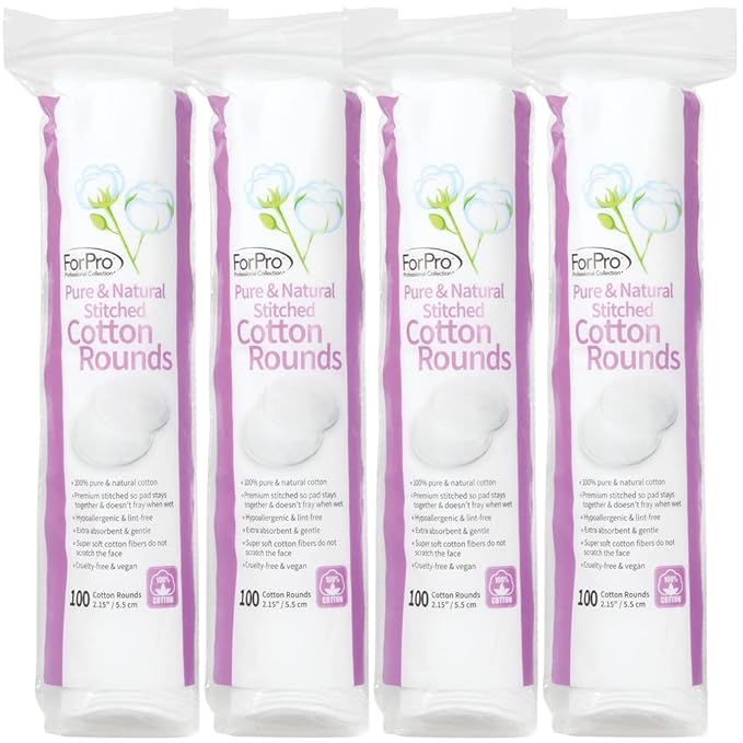 ForPro Pure & Natural Stitched Cotton Rounds for Face (400-Count), 100% Pure Cotton Makeup Remover Pads, Hypoallergenic, Lint-Free, Vegan & Cruelty-Free, Pack of 48-100 Cotton Pads