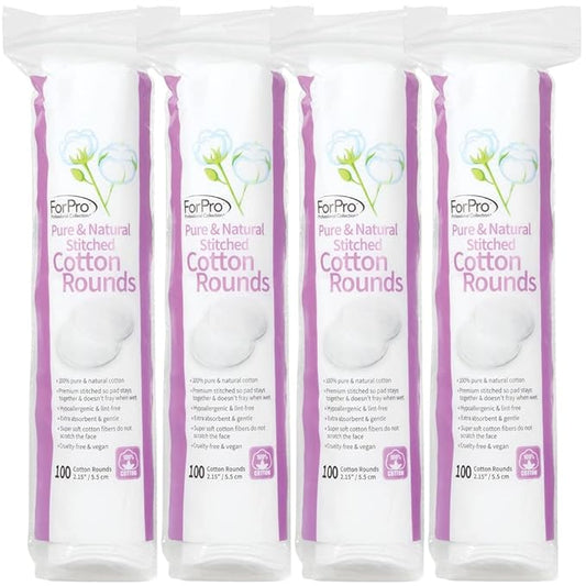 ForPro Pure & Natural Stitched Cotton Rounds for Face (400-Count), 100% Pure Cotton Makeup Remover Pads, Hypoallergenic, Lint-Free, Vegan & Cruelty-Free, Pack of 48-100 Cotton Pads