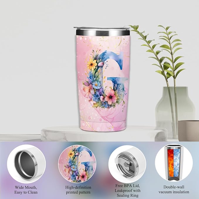 Personalized Gifts Monogrammed Birthday Gifts for Women, Her Employee Housewarming Christmas Initial 20 oz Tumbler, Makeup Bag Cup Ballpoint Pens Journal Notebook 6 Set, (Aesthetic Pink Flower G)