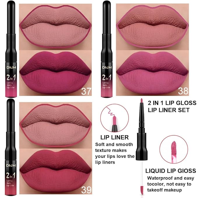 3Pcs 2 in 1 Rose Red Plum Warm Pink Deep Cranberry Lip Liner and Liquid Lipstick Stain Makeup Set for women, Long Lasting Smudge Proof Lip Tint Matte Finish Lip Gloss for All-Day Color Hold, Set14