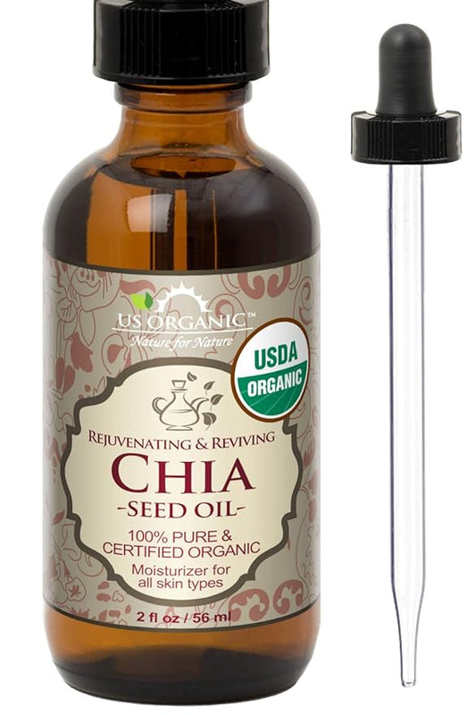 US Organic Chia Seed Oil, Certified Organic, Pure & Natural, Cold Pressed Virgin, Unrefined, Sourced from Paraguay, in Amber Glass Bottle w/Glass Eyedropper for Easy Application (2 oz (56 ml))