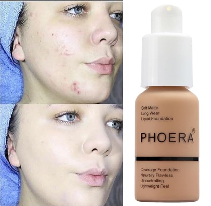 2 Pack PHOERA Foundation 102# Nude and 104# Buff Beige,Full Coverage Flawless Soft Matte 24 HR Oil Control Waterproof Concealer Liquid Foundation Makeup. 