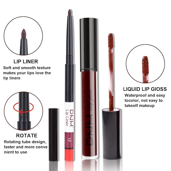 AMY'S DIARY 2pcs Matte Dark Red Lip Liner and Lipstick Makeup Set, Liquid Lipstick 24H and Lip Liner Set Matt Liquid Lips Make Up Waterproof Long Lasting Lipstick Matte Kit (#17)