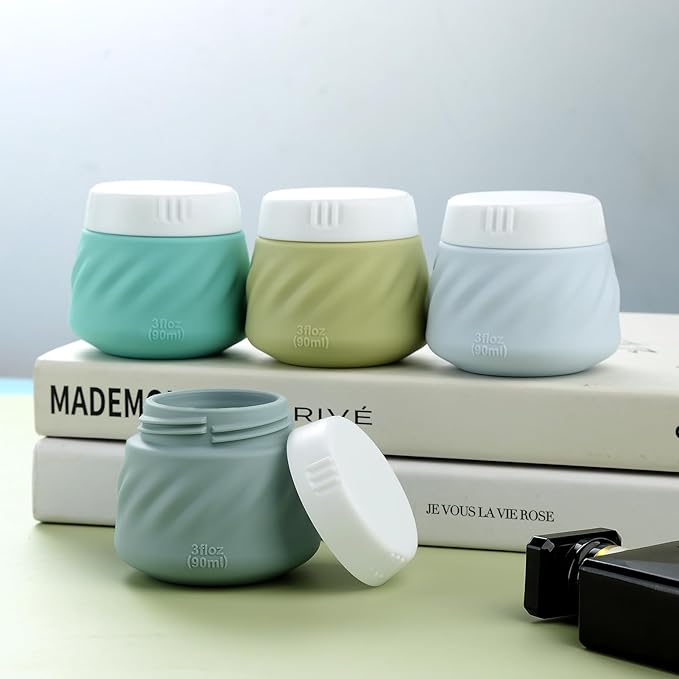 Gemice Silicone Cream Jars TSA Approved Travel Size Containers with Toiletry Bag, Wide Mouth Leak-proof Travel Accessories with Lid for Cosmetic Cream (4 Pack)