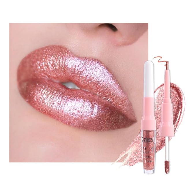 Kaely 2-in-1 Rose Gold Metallic Lipstick and Lip Liner, Shimmer Liquid Metallic Lipsticks for Women, Glitter Lip Gloss Stain Long Lasting Waterproof Smudge Proof 24 Hour, Vegan Makeup, 04