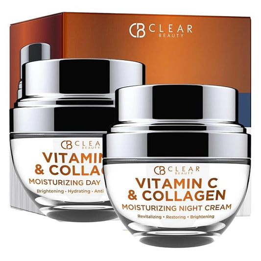 Clear Beauty Vitamin C & Collagen Day/Night Moisturizer - Dermatologist Tested, Restores & Brightens Skin Tone, Hydrating & Firming, Anti-Aging Cream, Cruelty Free Korean Skin Care - 2 Pack