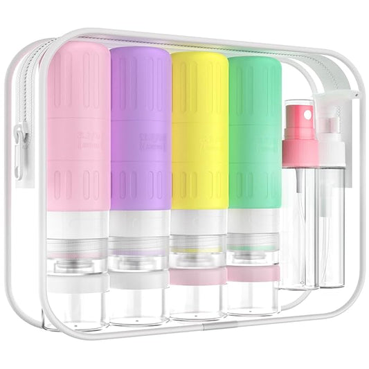 GLAMFIELDS Travel Bottles for Toiletries,TSA Approved 3.3oz Size LeakProof Silicone Toiletry Containers for Shampoo, Conditioner,Easy to Squeeze,Portable Travel Essentials for Lotion(18 Pack) Macaron