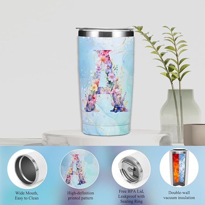 Personalized Gifts Monogrammed Birthday Gifts for Women, Cowerker Bride Appreciation Christmas Initial 20 oz Tumbler, Makeup Bag Cup Ballpoint Pens Journal Notebook 6 Set, (Aesthetic Blue Flower A)