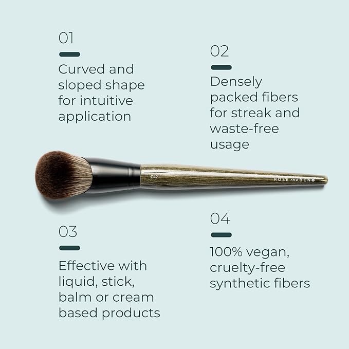 Rose and Ben Beauty C42 Foundation Brush | Professional Blending Brush for Liquid & Cream Makeup | Streak Free Buildable Coverage | Cruelty Free