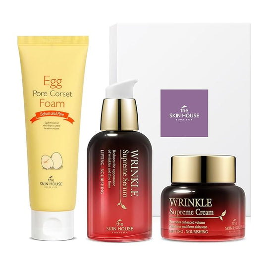 THE SKIN HOUSE Wrinkle Supreme Gift Set โ 3-Step Korean Skincare Kit with Ginseng, Adenosine & Ceramide | Firming Cleanser, Wrinkle Serum & Nourishing Cream | Holiday Gift for Hot Weather