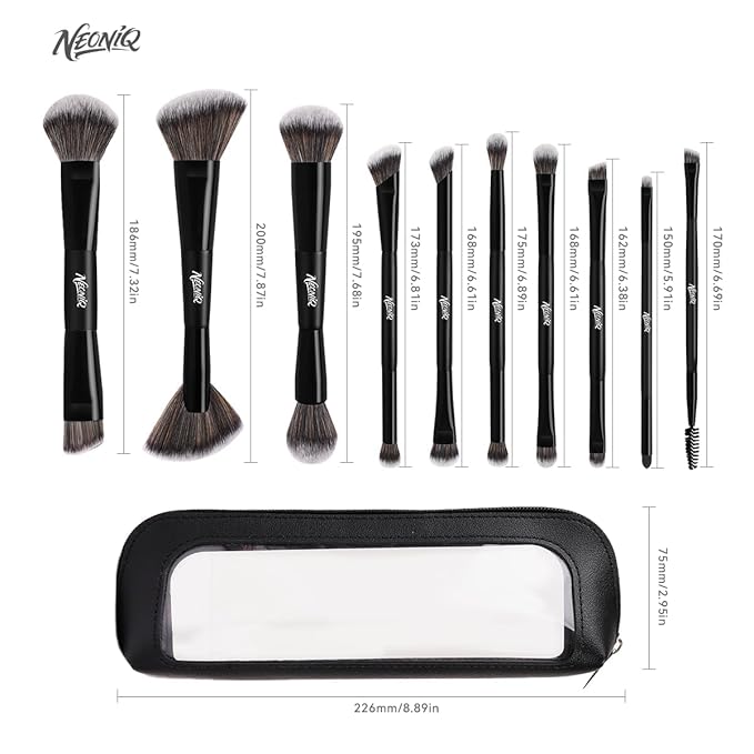 10 PCS Foundation Contour Conceal Brush Set With Bag, Makeup Brushes, Double-End Multi-functional Brushes for Foundation Powder Blush Eyeliner Eyeshadows, Professional Face Brush Set(Black)