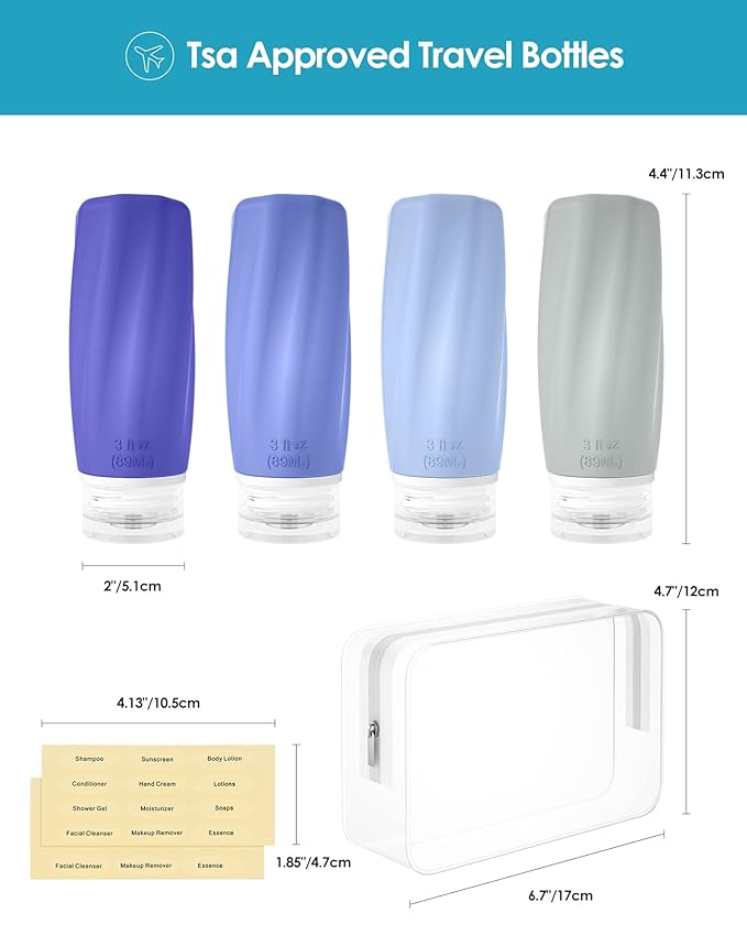 Morfone Travel Bottles for Toiletries, 3oz TSA Approved Travel Size Containers Leak Proof Squeezable Travel Accessories Refillable for Shampoo Conditioner Lotion Liquids(Blue)