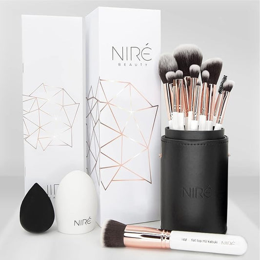 Nirรฉ Beauty White 15piece Award Winning Professional Makeup Brush Set: Vegan Makeup Brushes with Case, Makeup Sponge, Cleaner, Guide, Gift Box