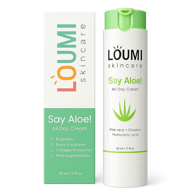 LOUMI Skincare Say Aloe All-Day Face Cream | Hydrating Aloe Vera & Hyaluronic Acid Moisturizer | Nourishes, Soothes & Softens Dry Skin | Natural, Vegan & Cruelty-Free | 1oz