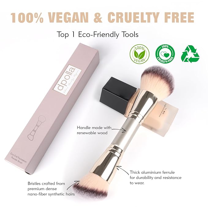 Dual-Ended Foundation Brush: Round & Angled Pro-Grade makeup brushes, 100% Vegan Synthetic Makeup Brush for Flawless Blending and Application of Liquid, Powder, Cream, Blush (Big Dual-Ended)