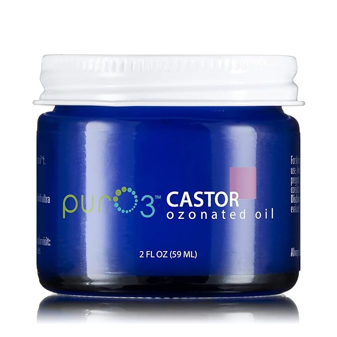 PurO3 Ozonated Castor Oil – Pure, Natural, Organic Skincare for Face & Body – Oxygenated Healing Lotion, Moisturizer & Beauty Cream in a Glass Jar – O3 Therapy Salve, 2 oz