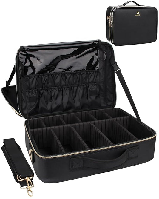 MONSTINA Large Makeup Travel Case Bag,Professional Makeup Artist Train Case with Brush organizer,Large Capacity Cosmetic Bag with Zipper Pocket and Adjustable Compartment(PU Leather Black)