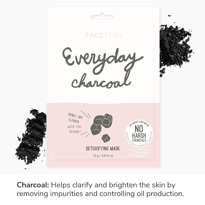 FACETORY K Beauty Face Mask Skin Care - Everyday CHARCOAL Detoxifying Sheet Mask | Plant-Based Charcoal Face Mask (5 Pack)