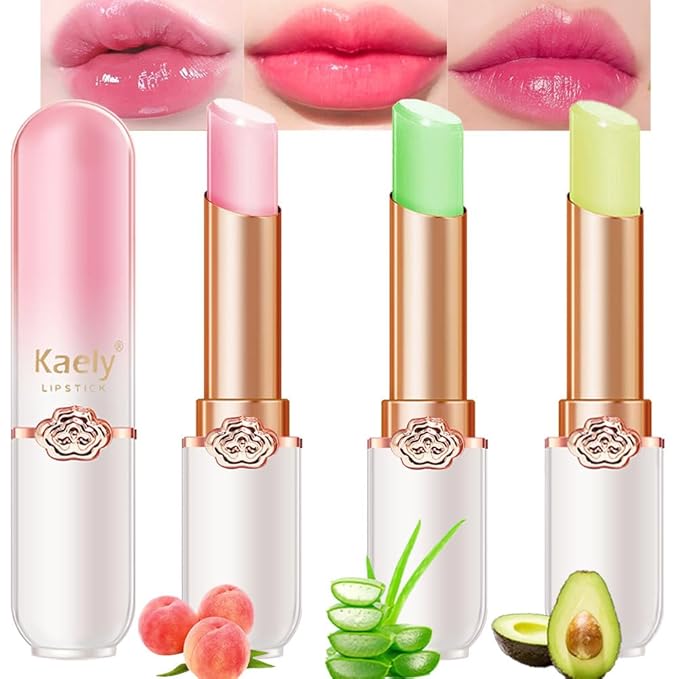Kaely 3Pcs Peach Aloe Avocado Hydrating Lipstick Tinted Lip Balm, Color Changing PH Lipstick Makeup, Korean Magic Lip Stain Long Lasting Waterproof, labiales magicos 24 horas originales