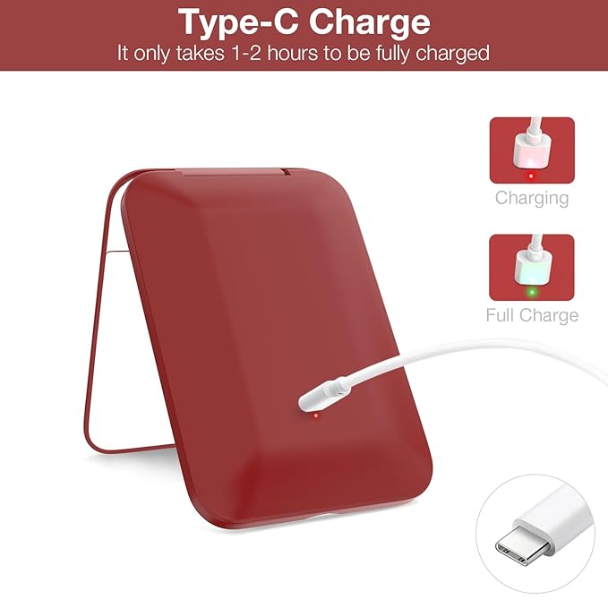 Kintion Rechargeable Pocket Mirror, Double Sided 1X/3X Magnification Compact Vanity Mirror, 3 Color Lights, Dimmable, Small Portable Wallet Mirror, Lighted Travel Mirror for Women Gifts, Wine Red