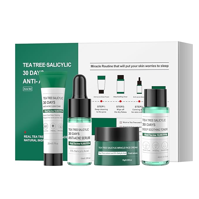Tea Tree Salicylic Acid Facial Skin Care Set, Travel Size Gift Set Cystic Hormonal Acne Treatment Face Wash Cleanser, Facial Toner Cream Moisturizer Travel Essentials for Pimple Adult Oil Control Kit
