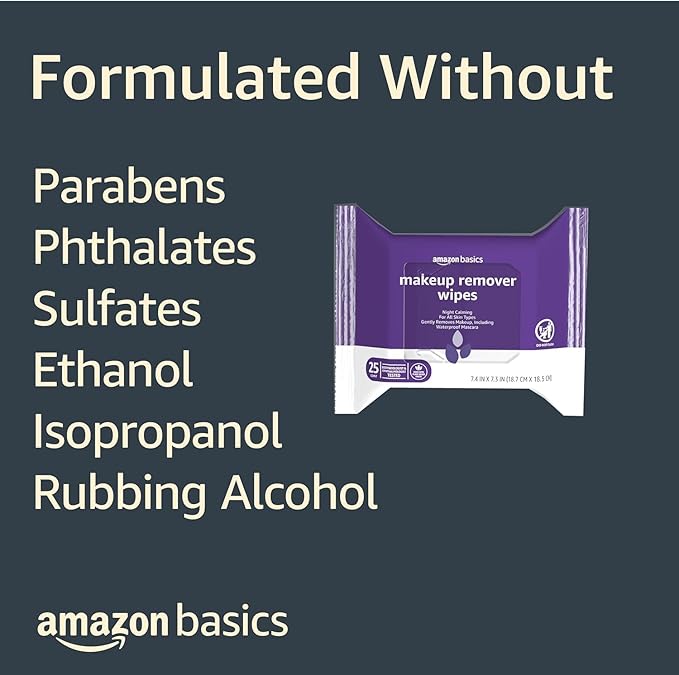 Amazon Basics Makeup Remover Wipes, Gentle Cleansing, Dermatologist Tested, Night Calming, Plant Based, Alcohol Free, Removes Waterproof Mascara, 25 Count Per Pack, Pack of 1 (Previously Solimo)