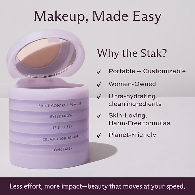 Subtl Staks 5-in-1 Travel Makeup kit by subtl beauty - eyeshadow duo, powder blush, cream highlighter, lip and cheek, lip balm - free travel mirror and brush - stackable makeup for travel